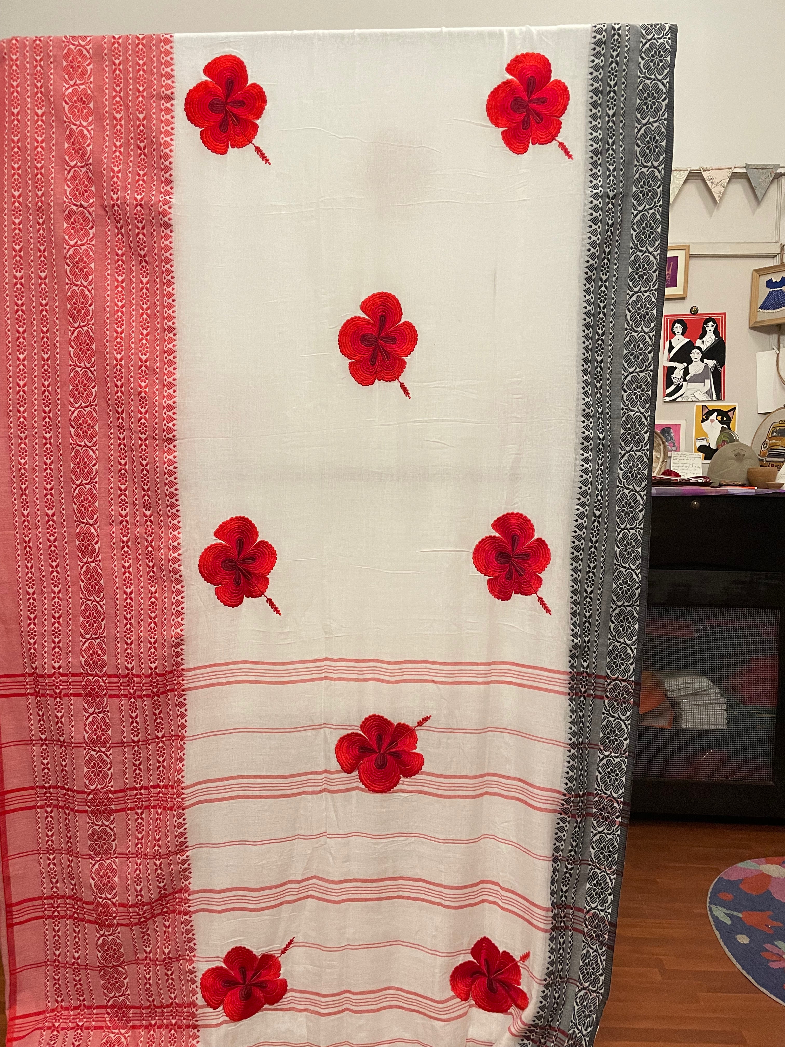 WHITE-RED JABA SAREE