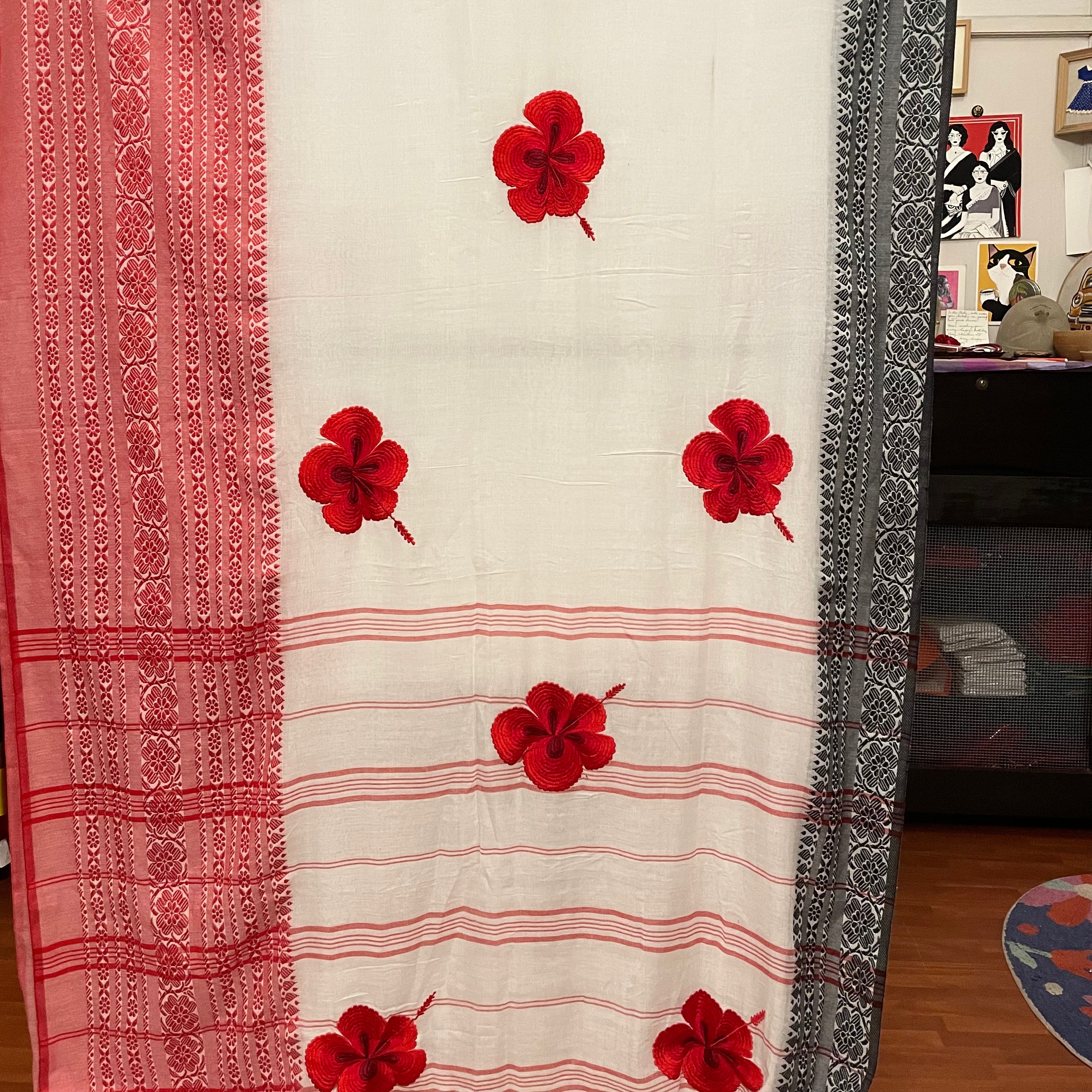WHITE-RED JABA SAREE