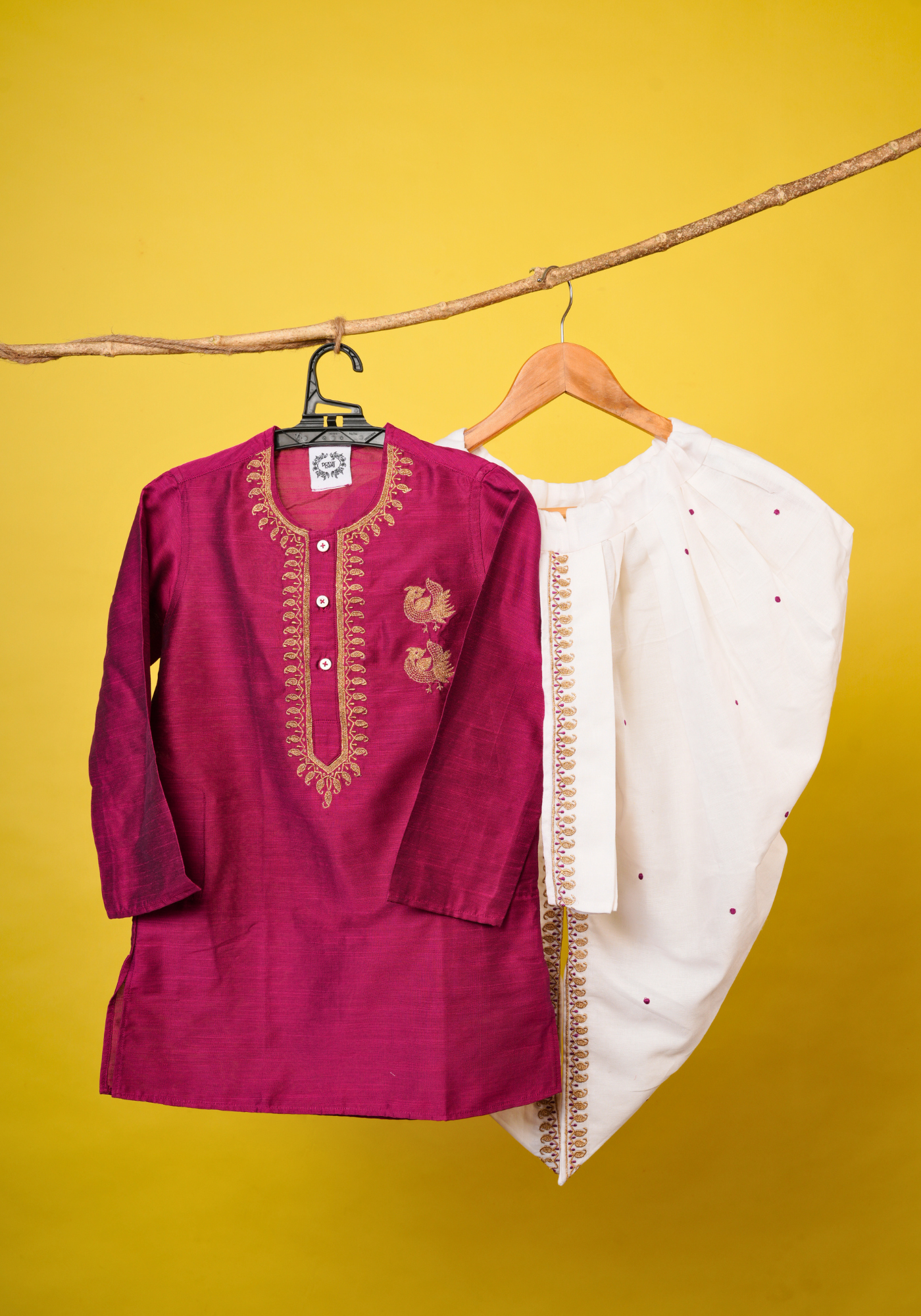 MAGENTA JORA MOYUR KURTA DHUTI SET