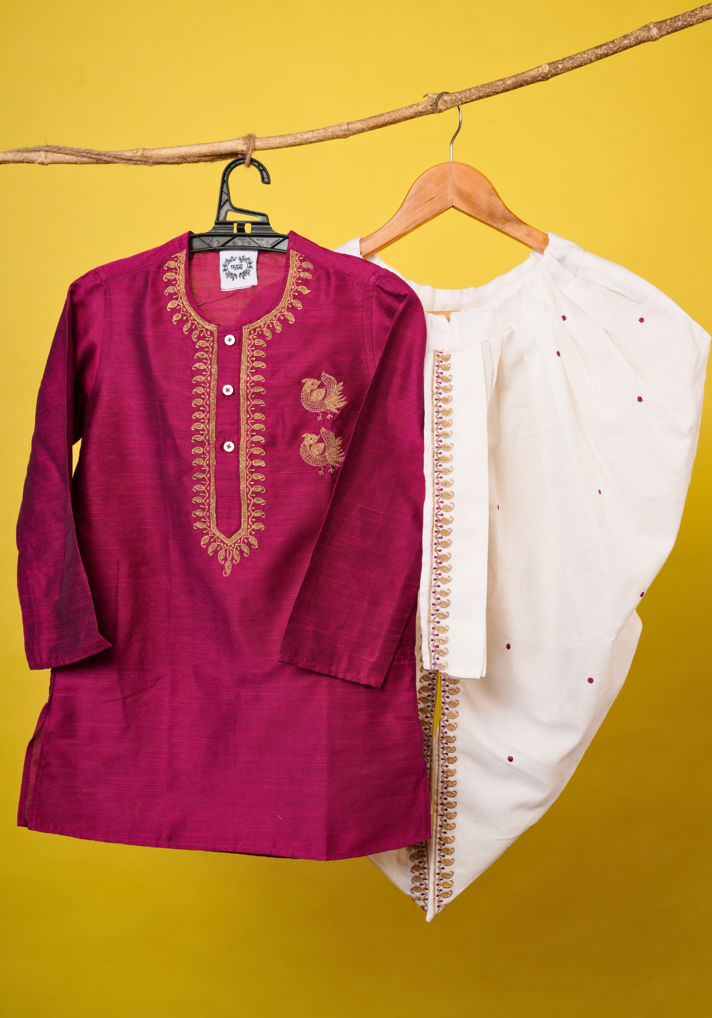 MAGENTA JORA MOYUR KURTA DHUTI SET