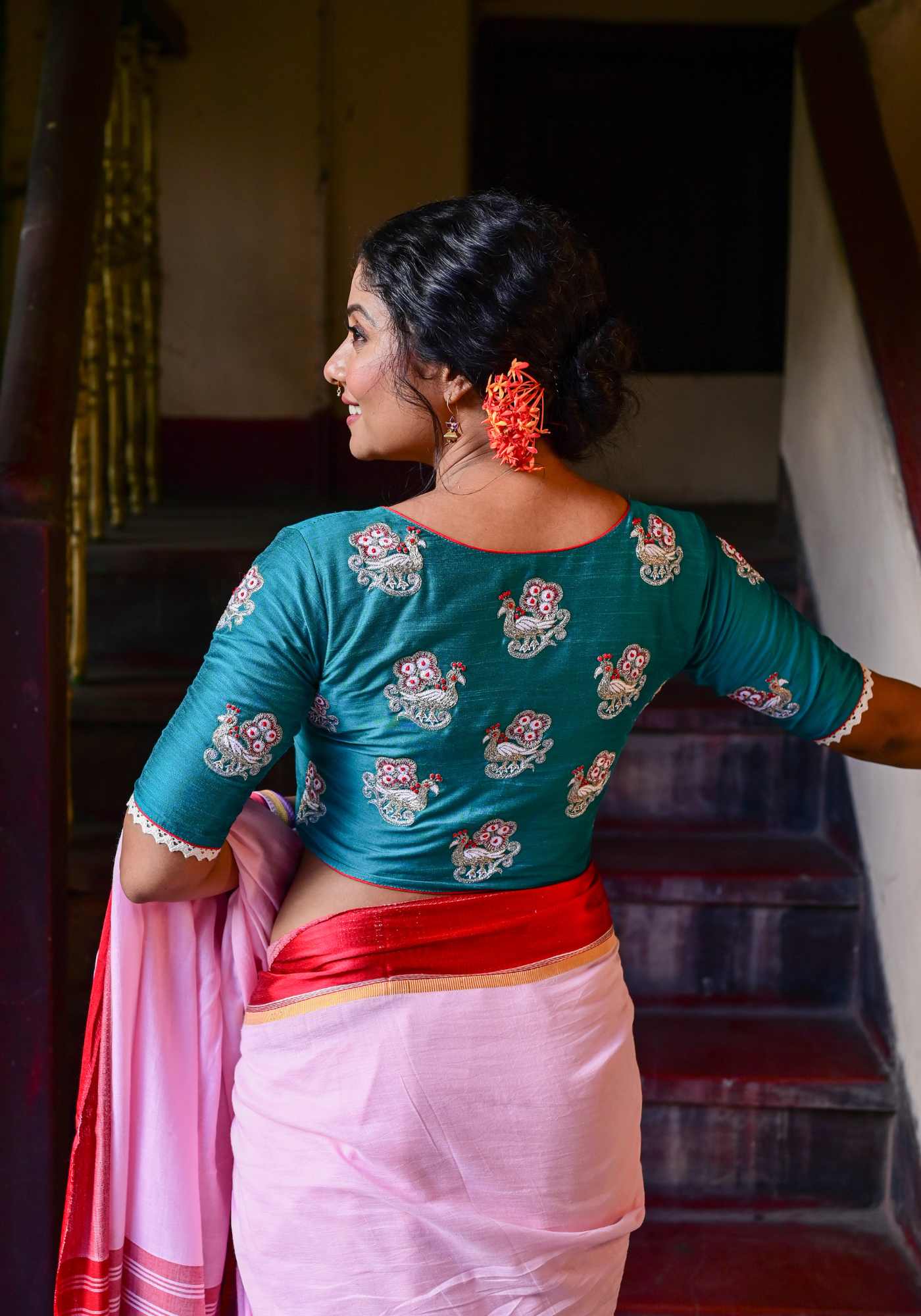 TEAL GREEN SILVER MAYUR BLOUSE