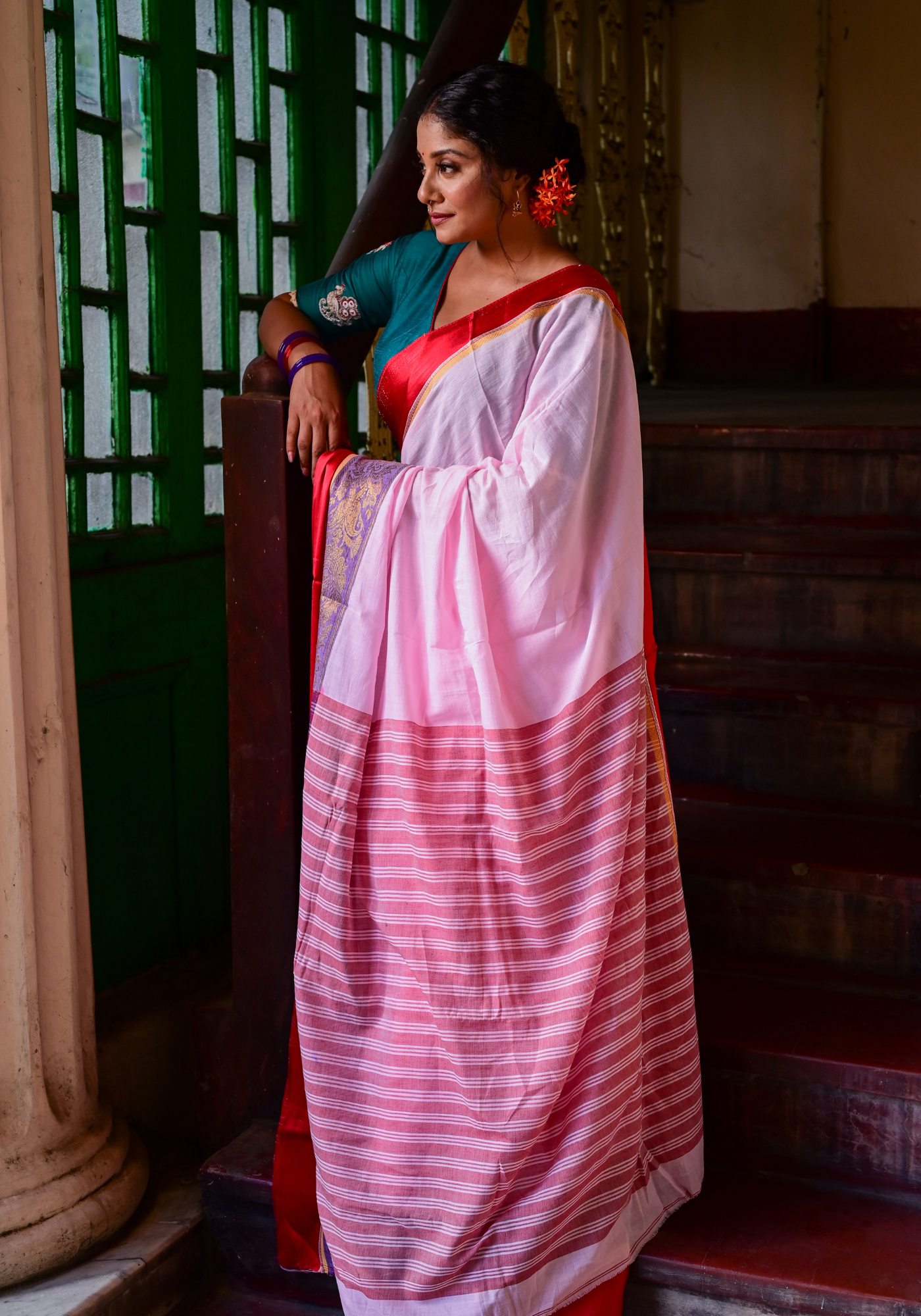 PINK SATIN RED PAAR TANT SAREE