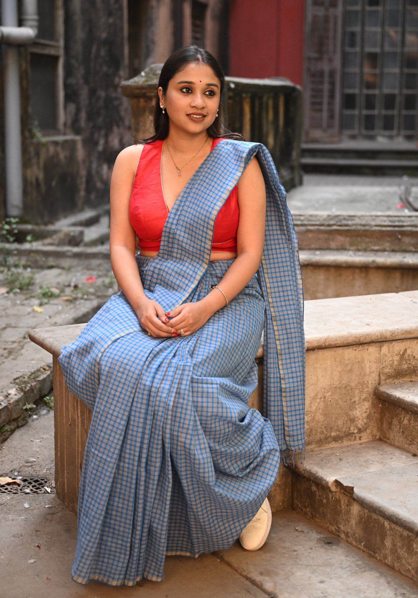 NEEL CREAM CHECK SAREE