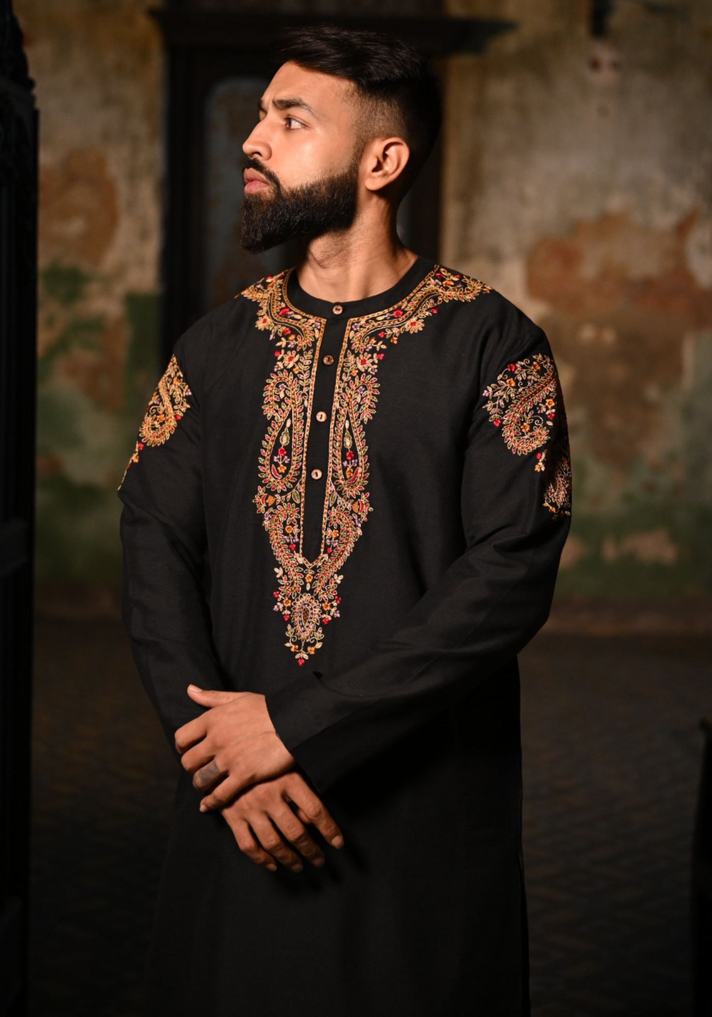 KASHMIRI SHAWL MOTIF BLACK KURTA