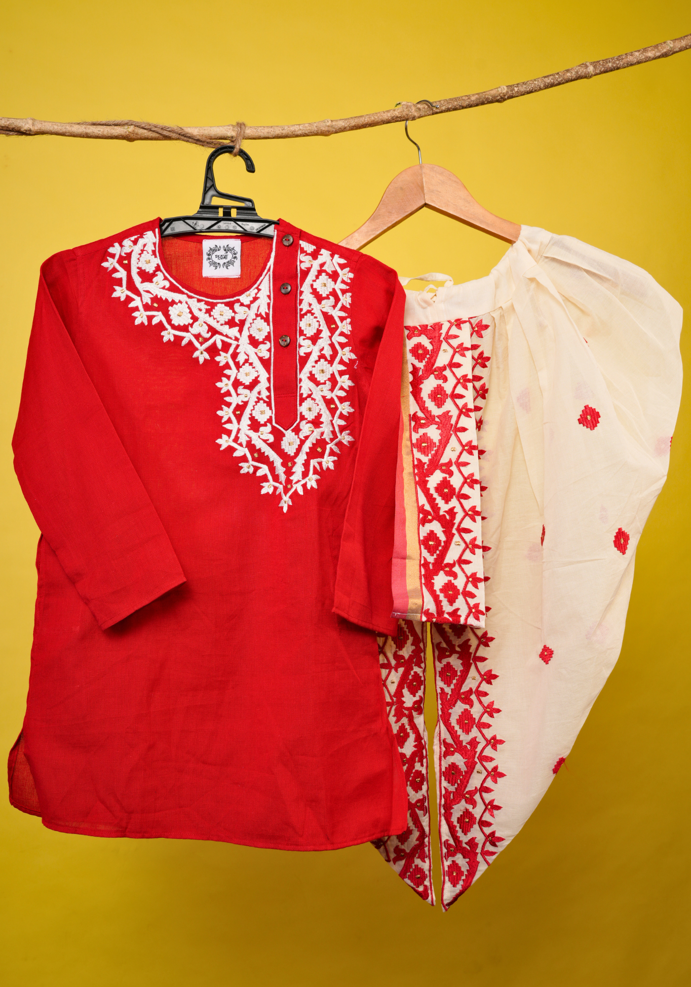 NEW JAMDANI KAJ RED & WHITE KURTA DHUTI SET