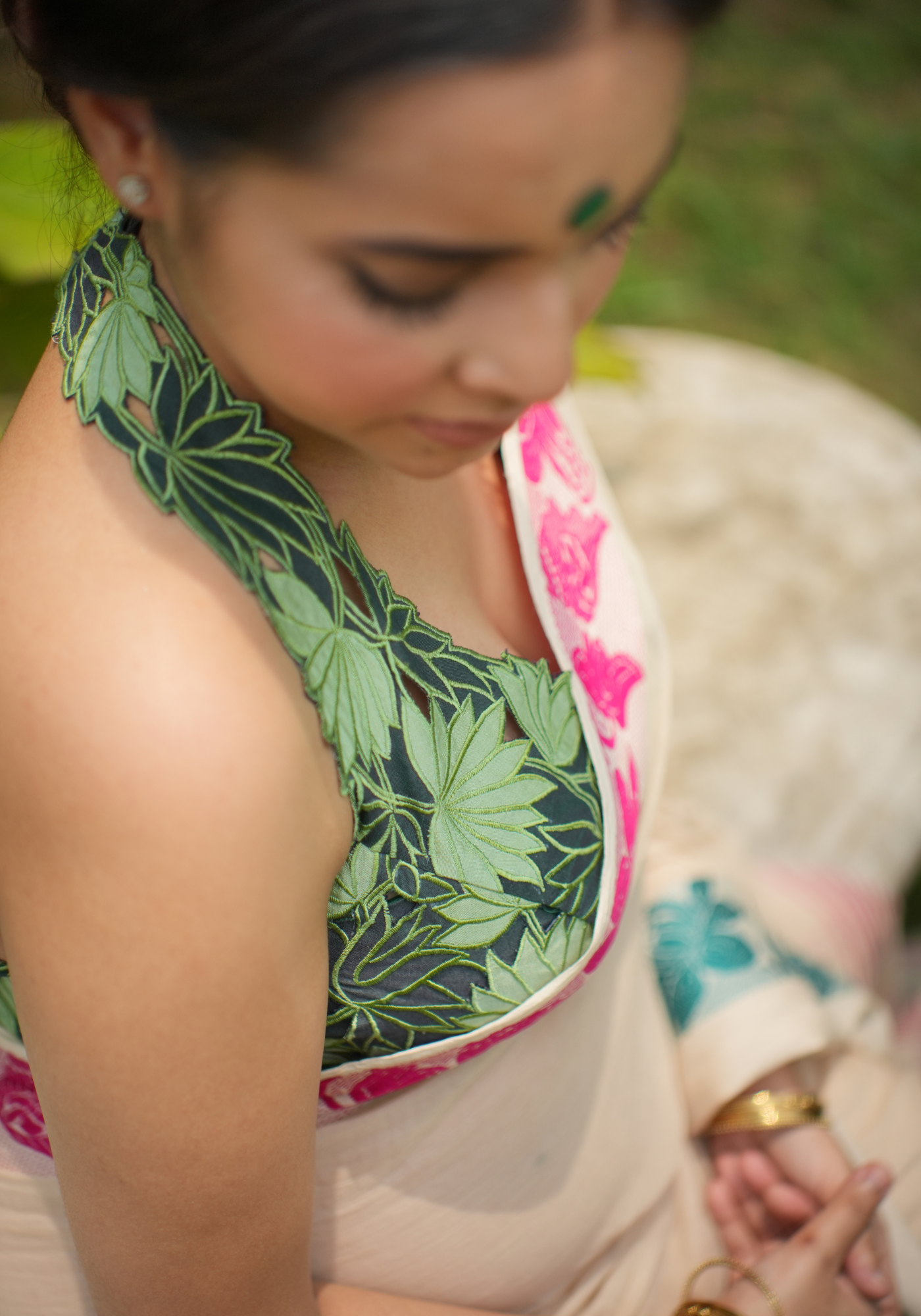 GREEN PADMA BON CUTWORK HALTER BLOUSE