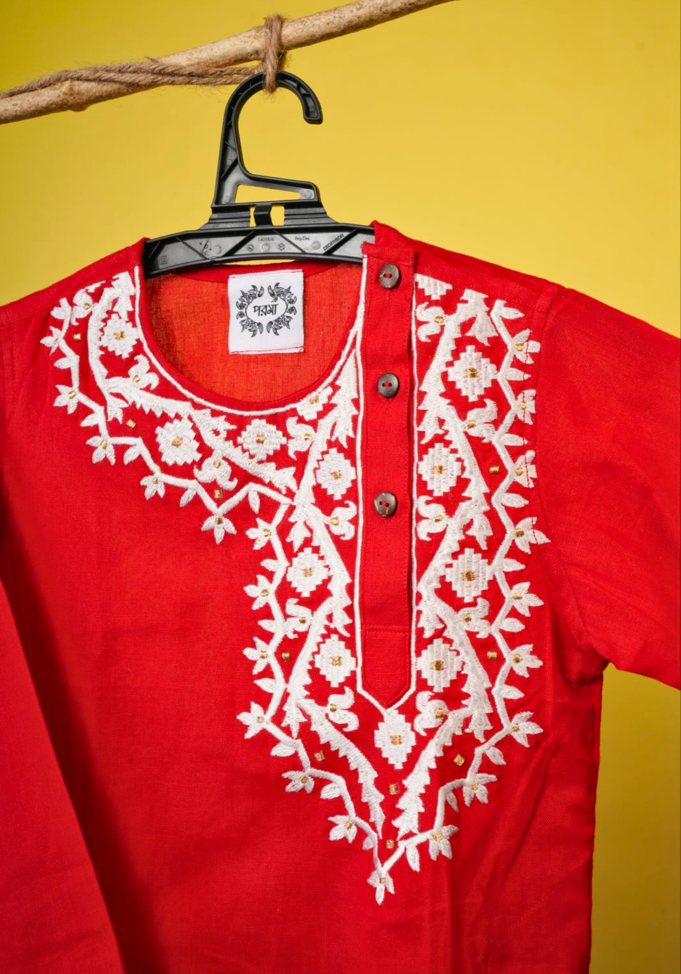 NEW JAMDANI KAJ RED & WHITE KURTA DHUTI SET
