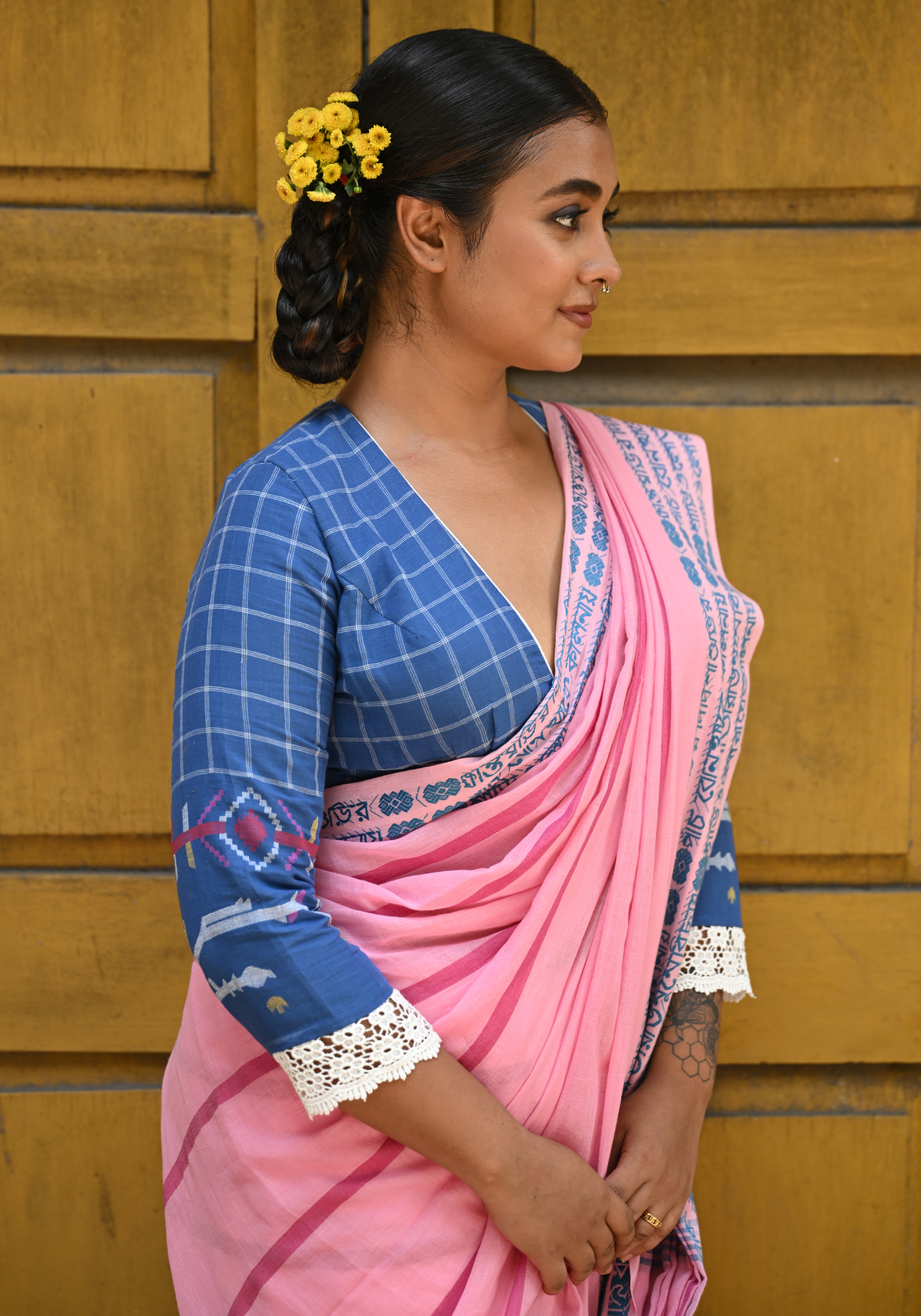 BLUE CHECK JAMDANI SHABEKI BLOUSE