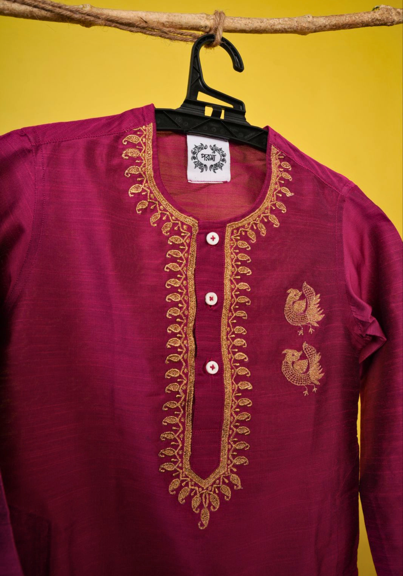 MAGENTA JORA MOYUR KURTA DHUTI SET