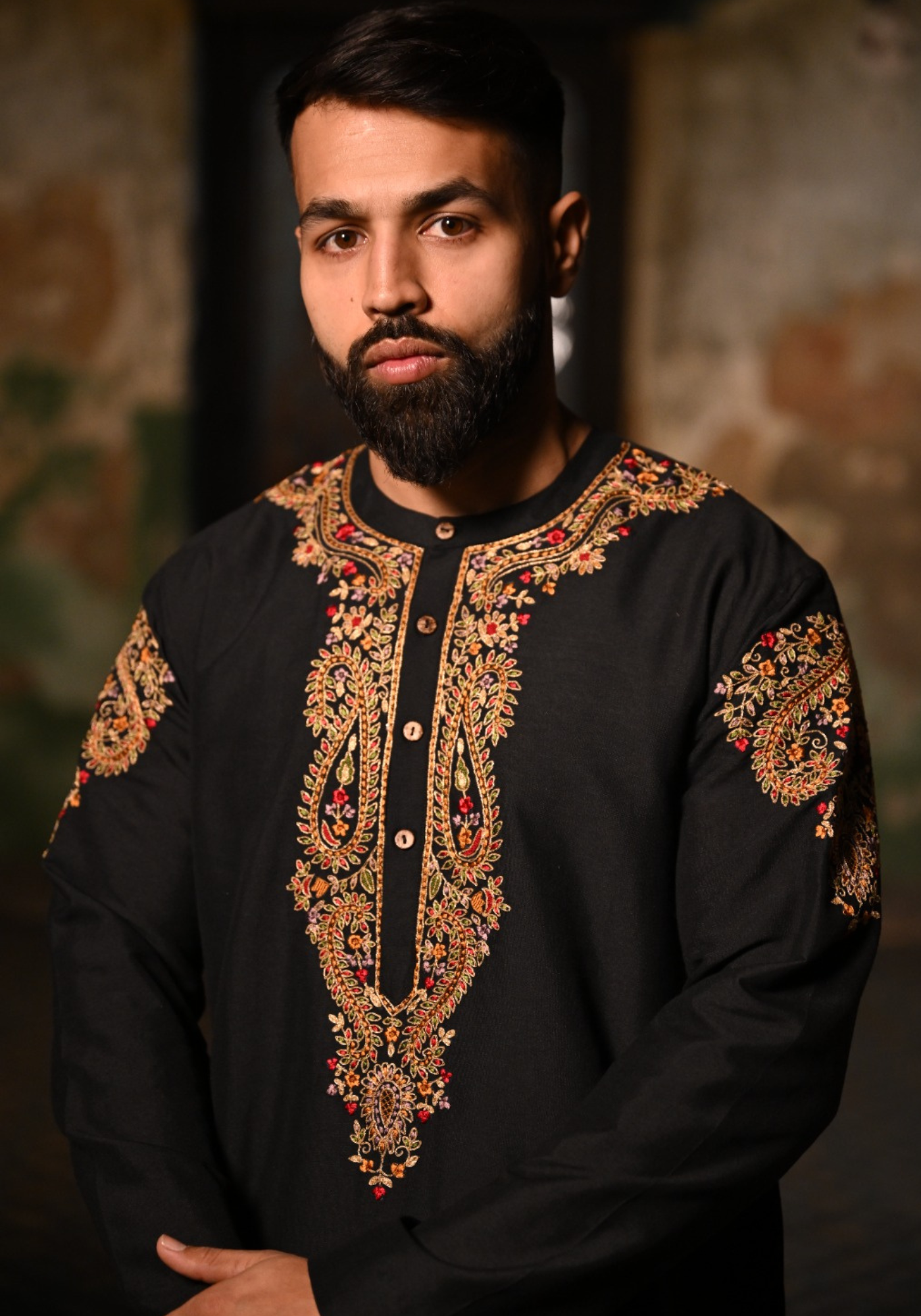 KASHMIRI SHAWL MOTIF BLACK KURTA