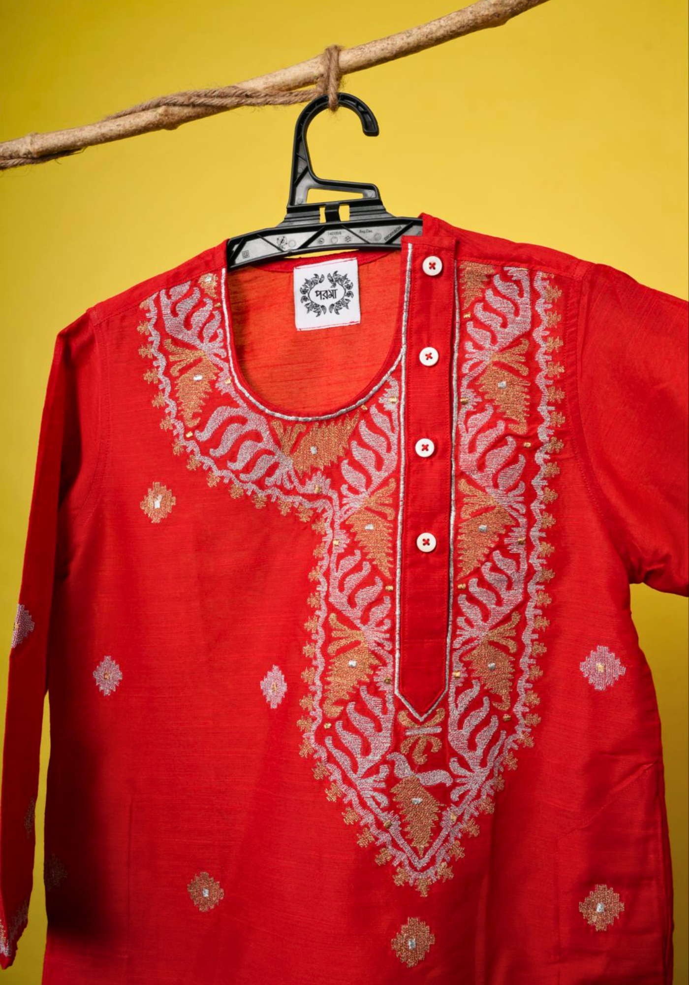 PAAN PAATA RED KURTA DHUTI SET