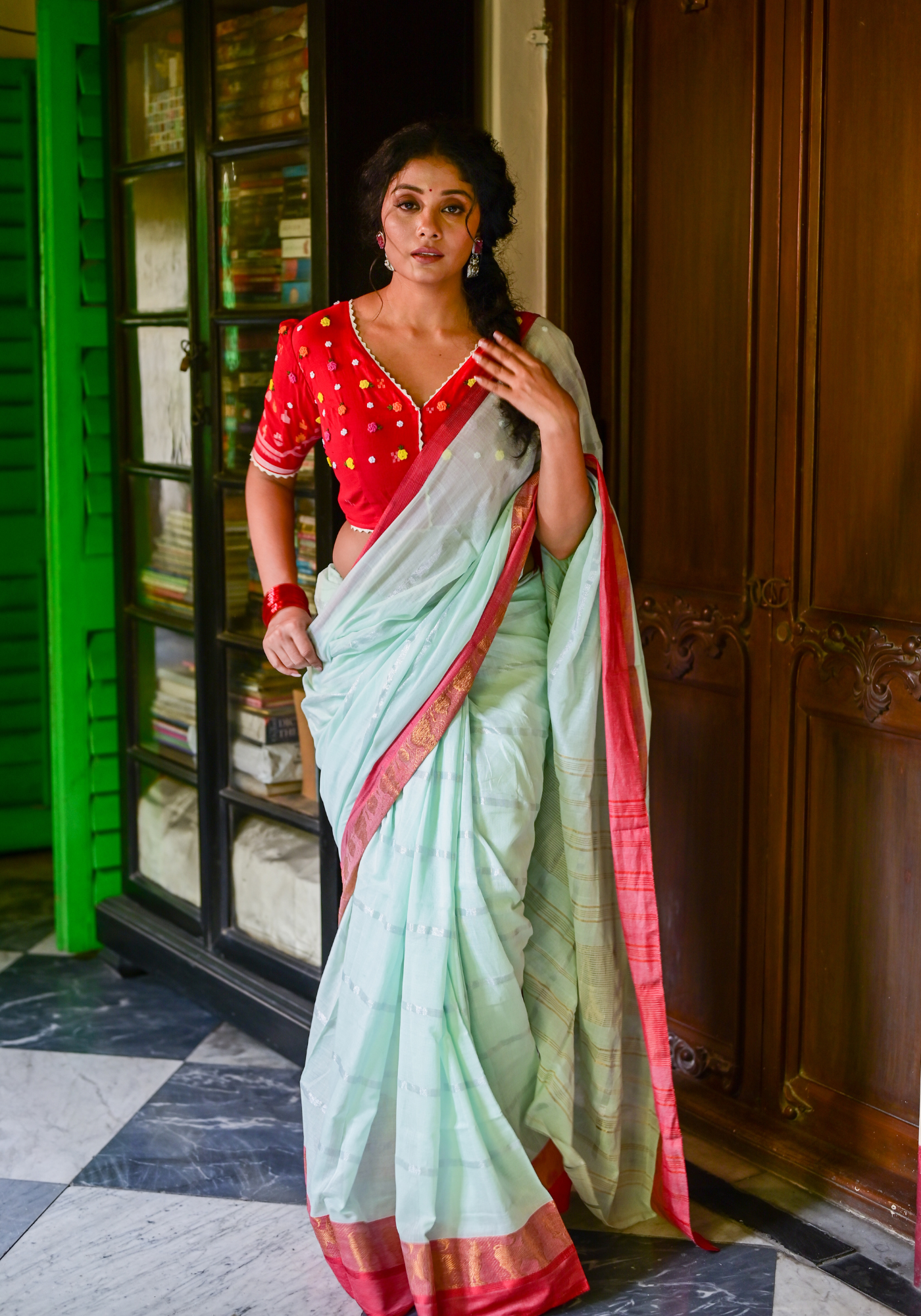 LION PAAR MINT BLUE TANT SAREE