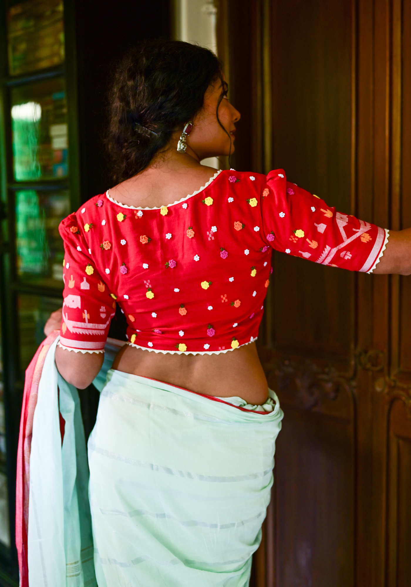 RED JAMDANI MULTI ROSE BLOUSE