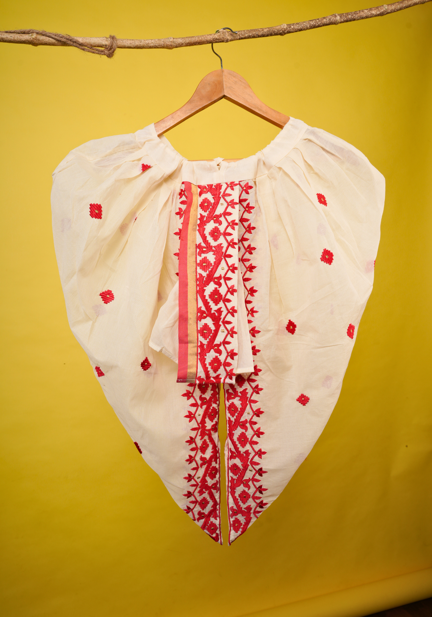 NEW JAMDANI KAJ RED & WHITE KURTA DHUTI SET
