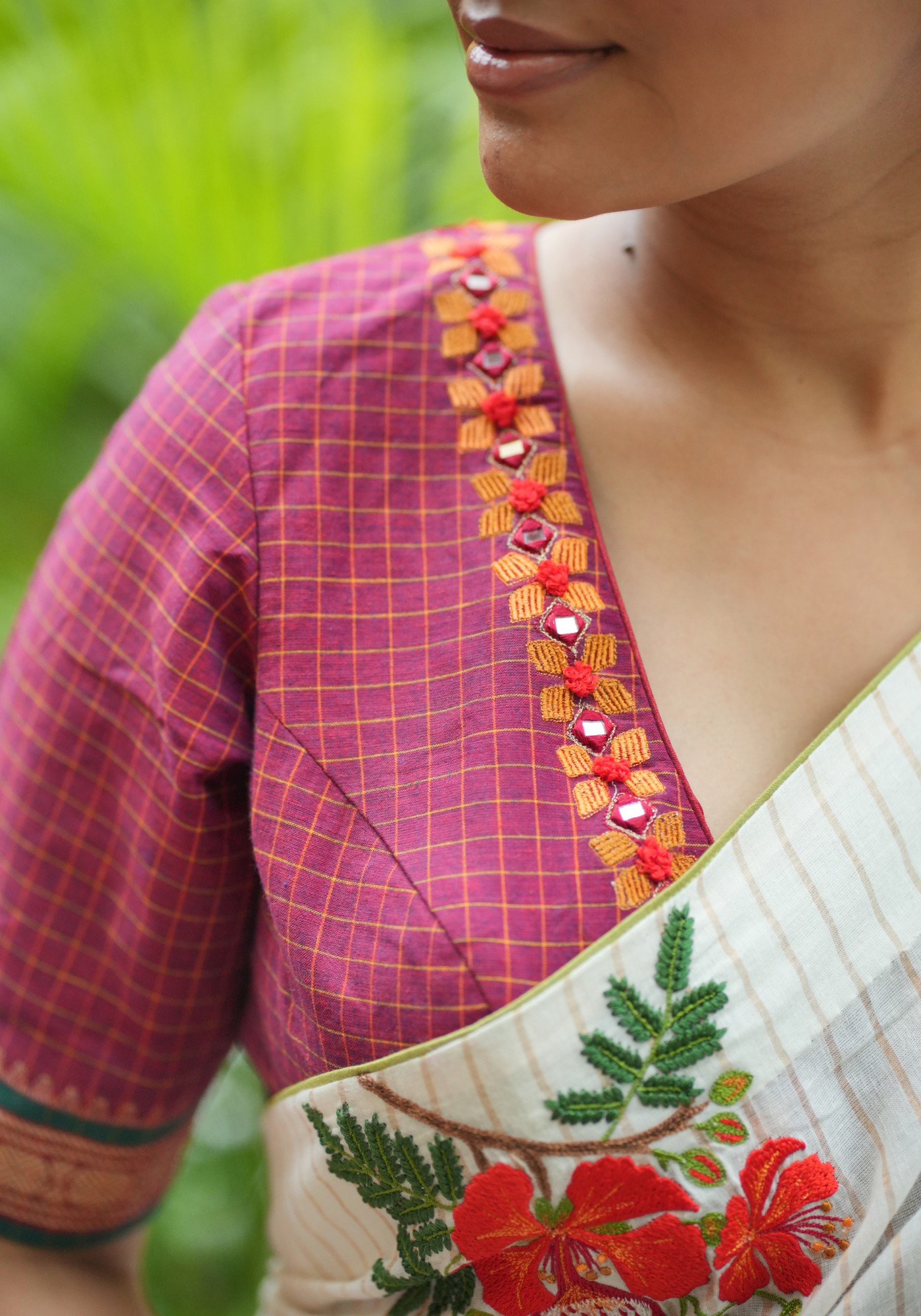 MAROON CHETTINAD CHECKS MIRROR BLOUSE