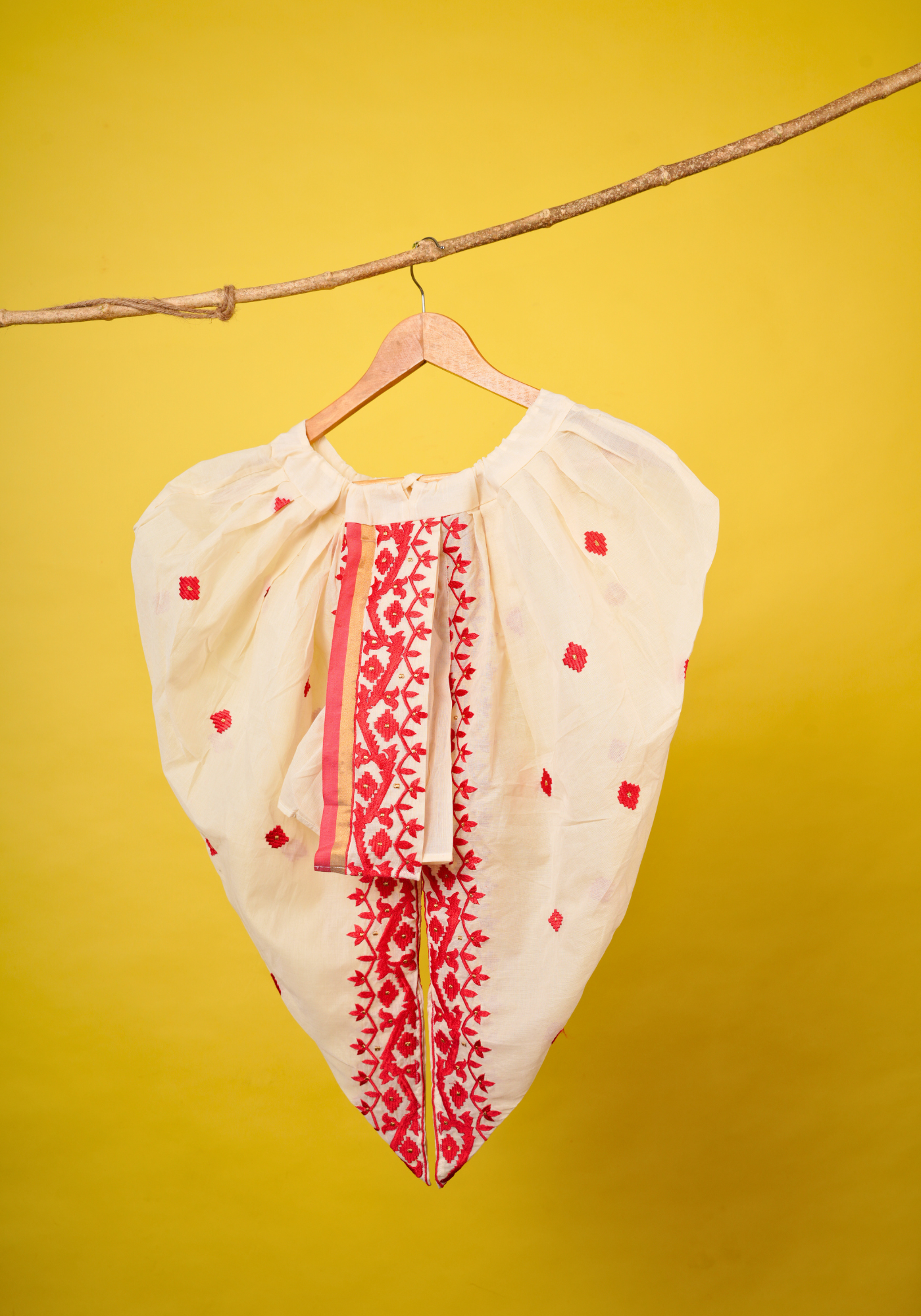 NEW JAMDANI KAJ RED & WHITE KURTA DHUTI SET