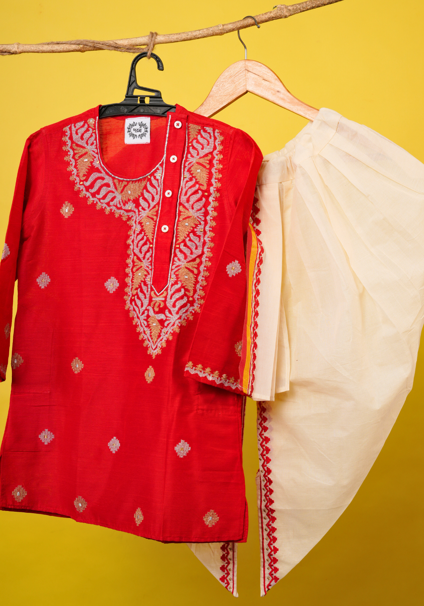 PAAN PAATA RED KURTA DHUTI SET
