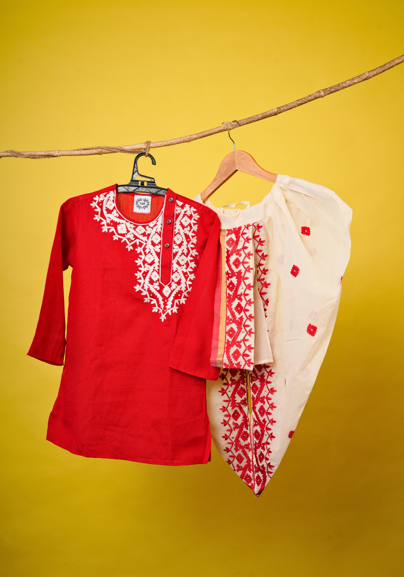 NEW JAMDANI KAJ RED & WHITE KURTA DHUTI SET