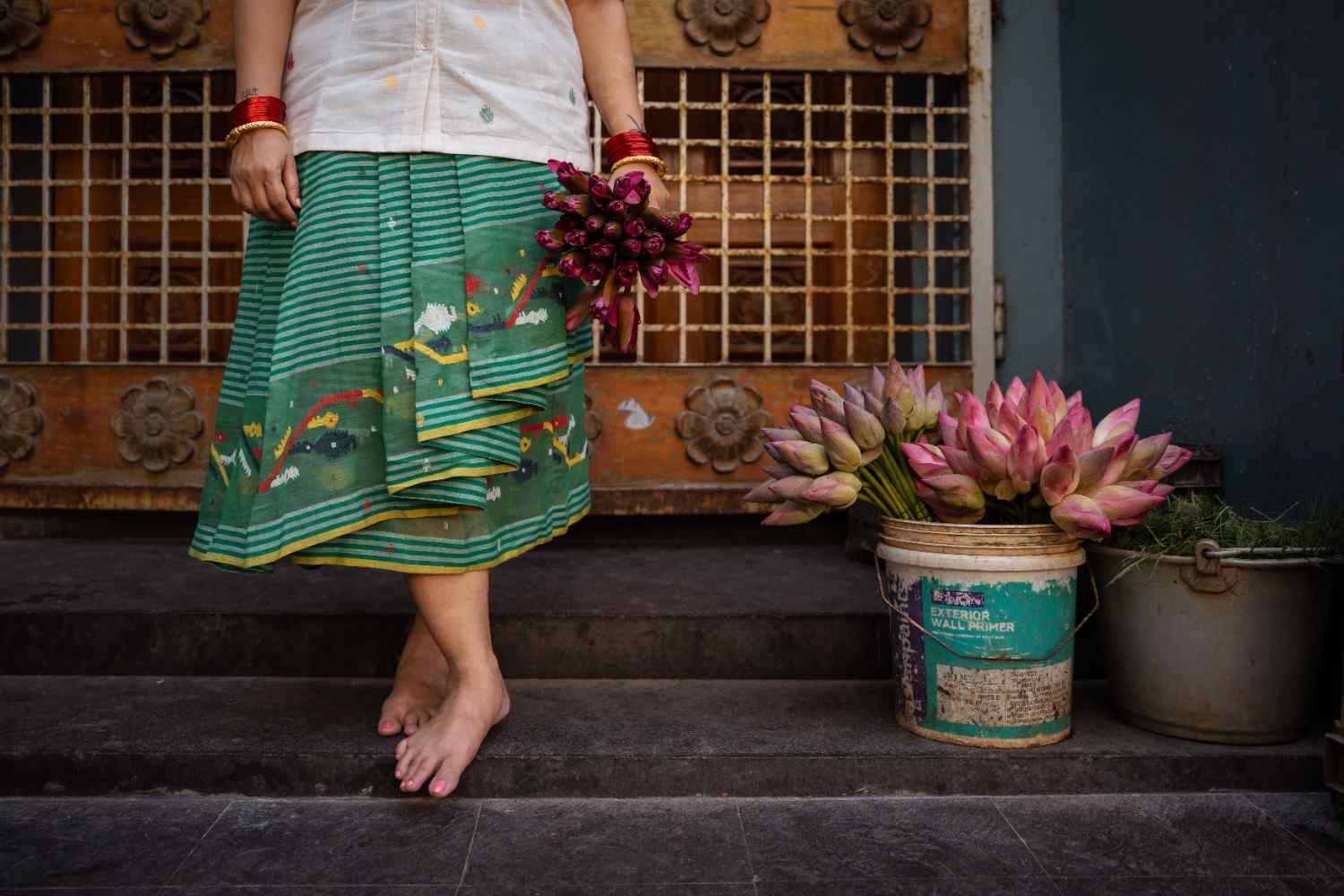GREEN JAMDANI STRIPED PLEATED SKIRTS