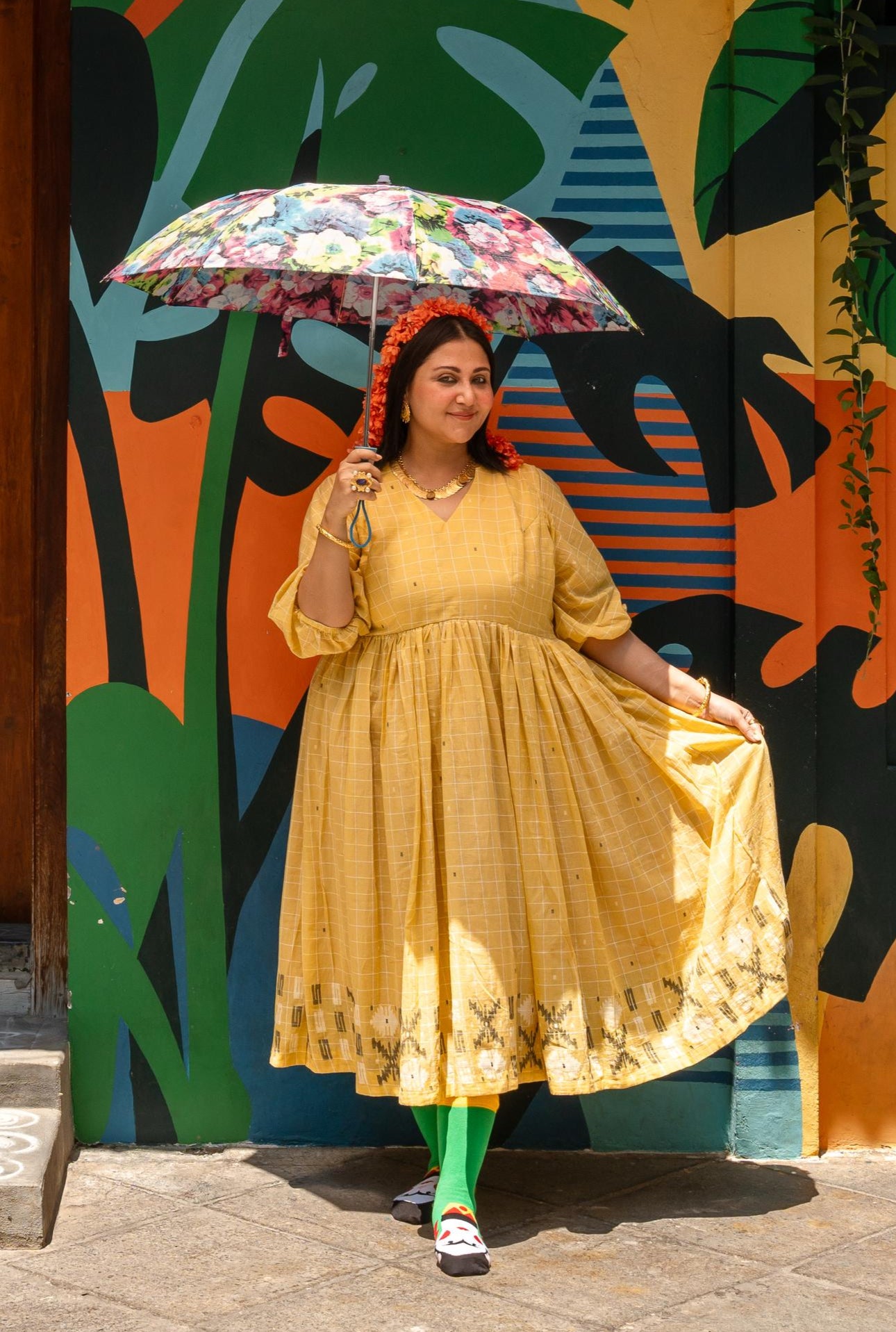 BUTTER DOSA JAMDANI GATHERED DRESS