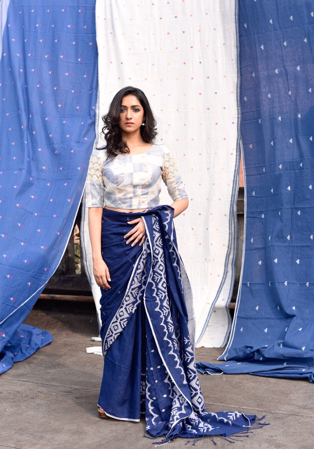 Jamdani Saree Navy-Blue In Colour main image 0